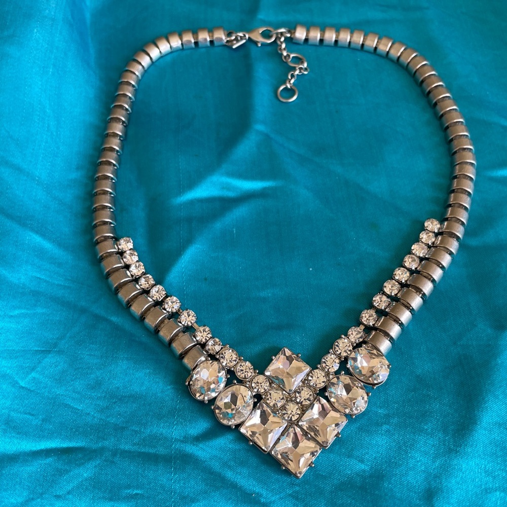 Vintage 90s Signed BR Banana Republic Silver Box Chain Rhinestone Necklace